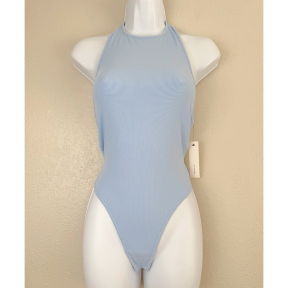 NWT Lani the Label baby blue ribbed back tie bodysuit XS